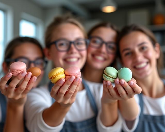 Smiling participants in a baking class holding up their freshly made macarons.