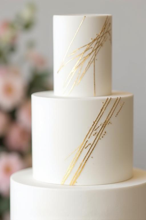 A modern, minimalist wedding cake with clean lines and gold geometric patterns.