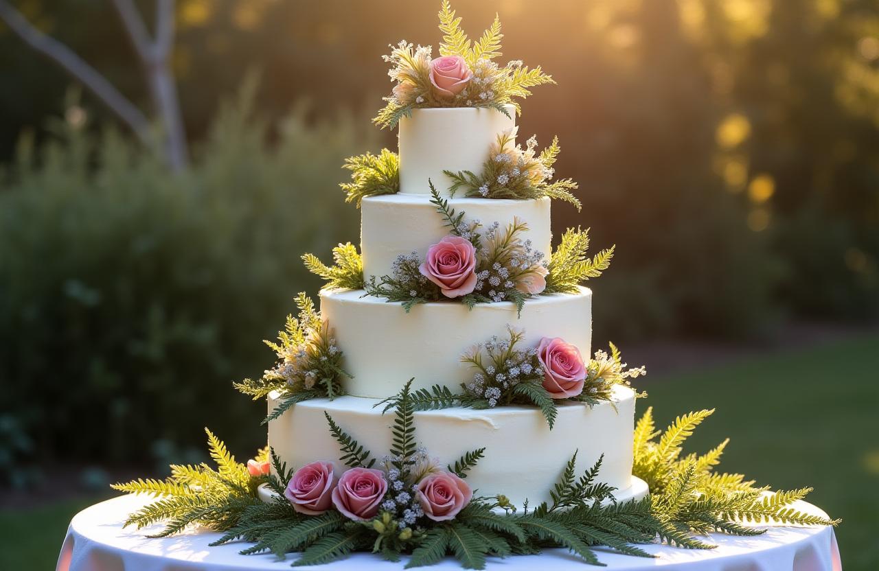 Magnificent multi-tiered wedding cake decorated with New Zealand native flowers and ferns.