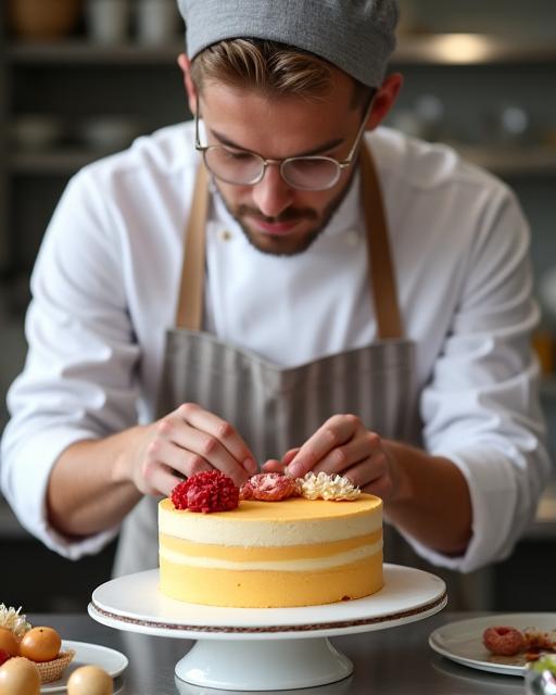 Our head pastry chef meticulously adding finishing touches to a bespoke cake.